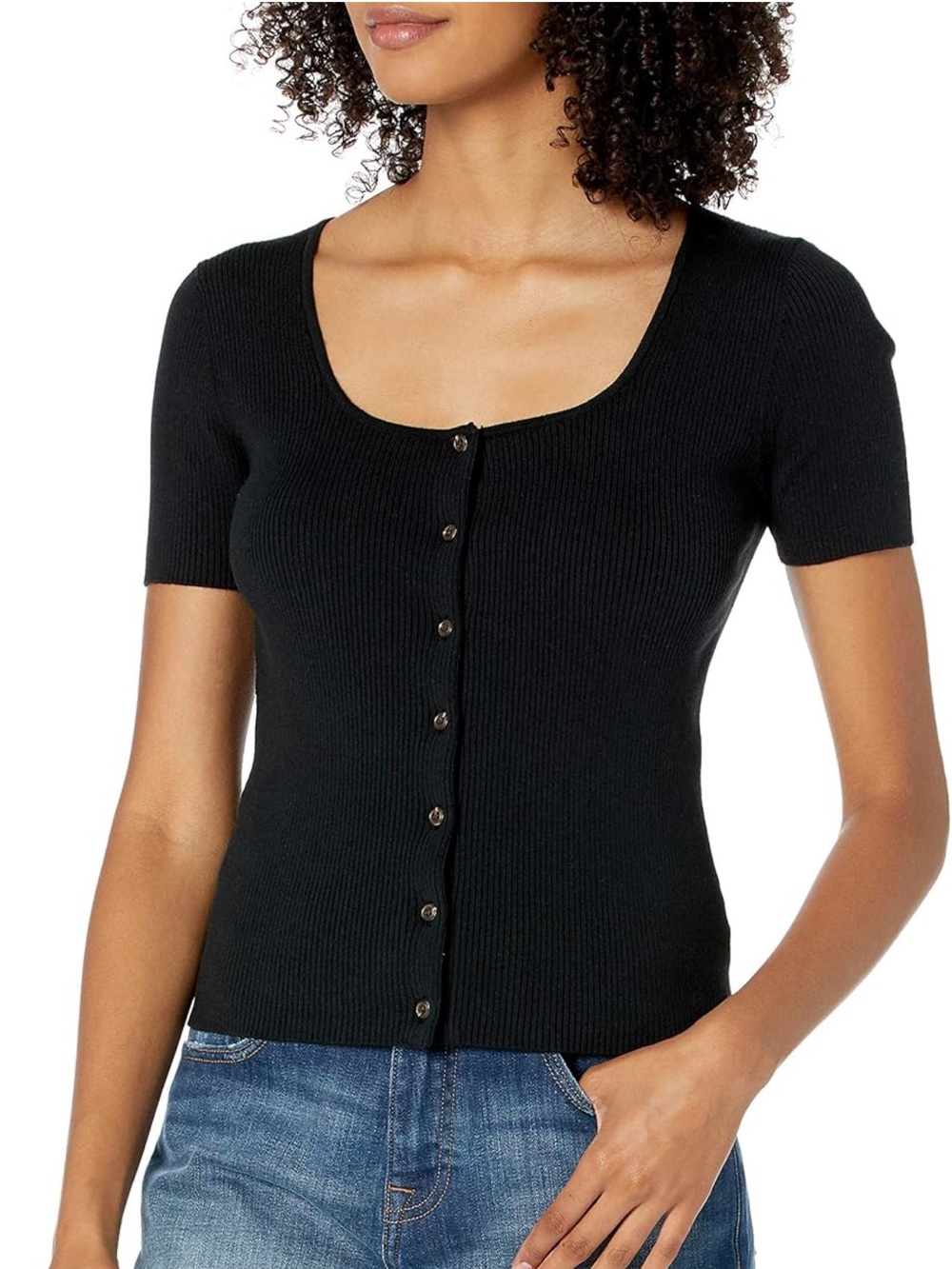 The Drop Black Short-Sleeve Button-Down Knit Top